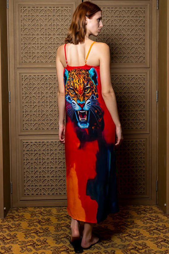 Roar Tiger Animal Print Abstract Multicolour Spaghetti Strap Maxi Dress
