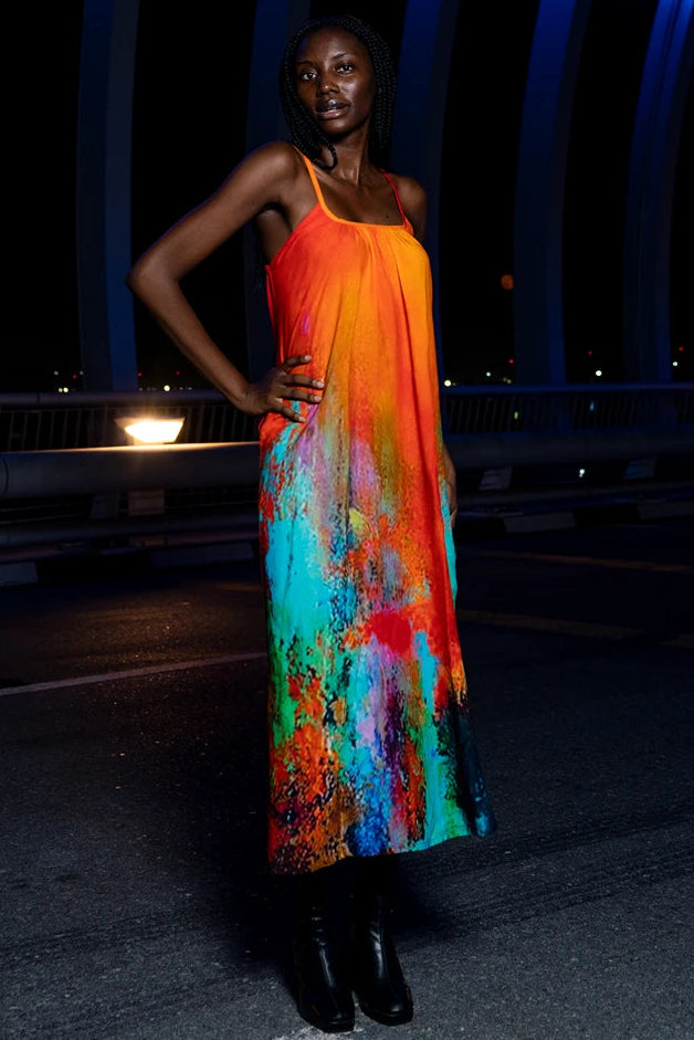Roar Tiger Animal Print Abstract Multicolour Spaghetti Strap Maxi Dress