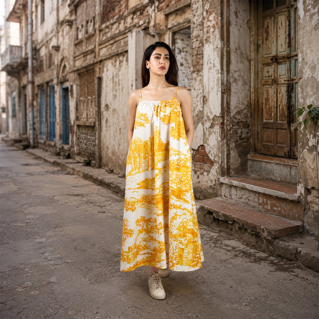 A Place In Time Scenic Toile Countryside Spaghetti Strap Maxi Dress