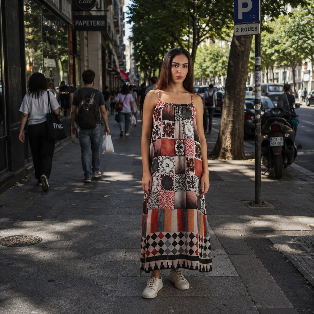 Celestial Tesserae Mosaic Print Spaghetti Strap Maxi Dress