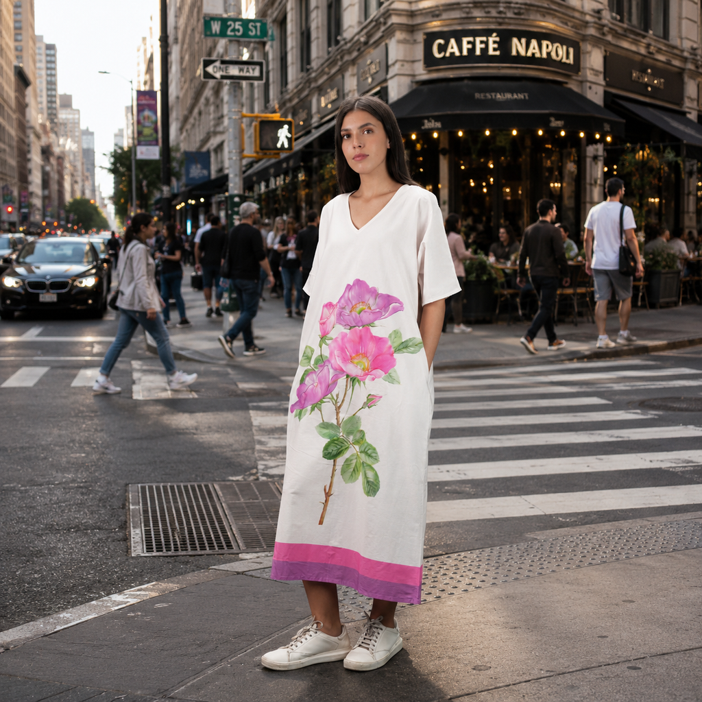 RoséA Rose Print Long Kaftan Dress