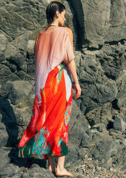 Coral Mirage Floral Long Kaftan With Side Slits