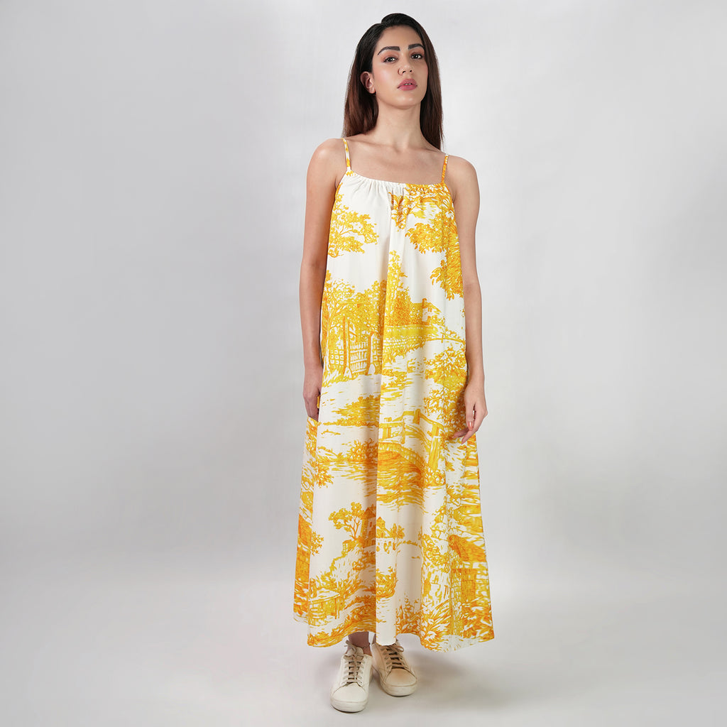 A Place In Time Scenic Toile Countryside Spaghetti Strap Maxi Dress