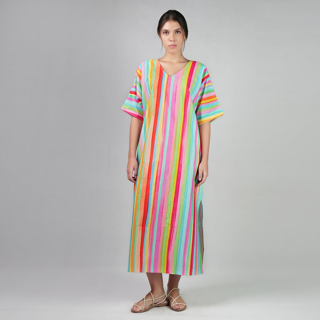 The Palette Multicolour Rainbow Colour Long Kaftan Dress With Side Slit