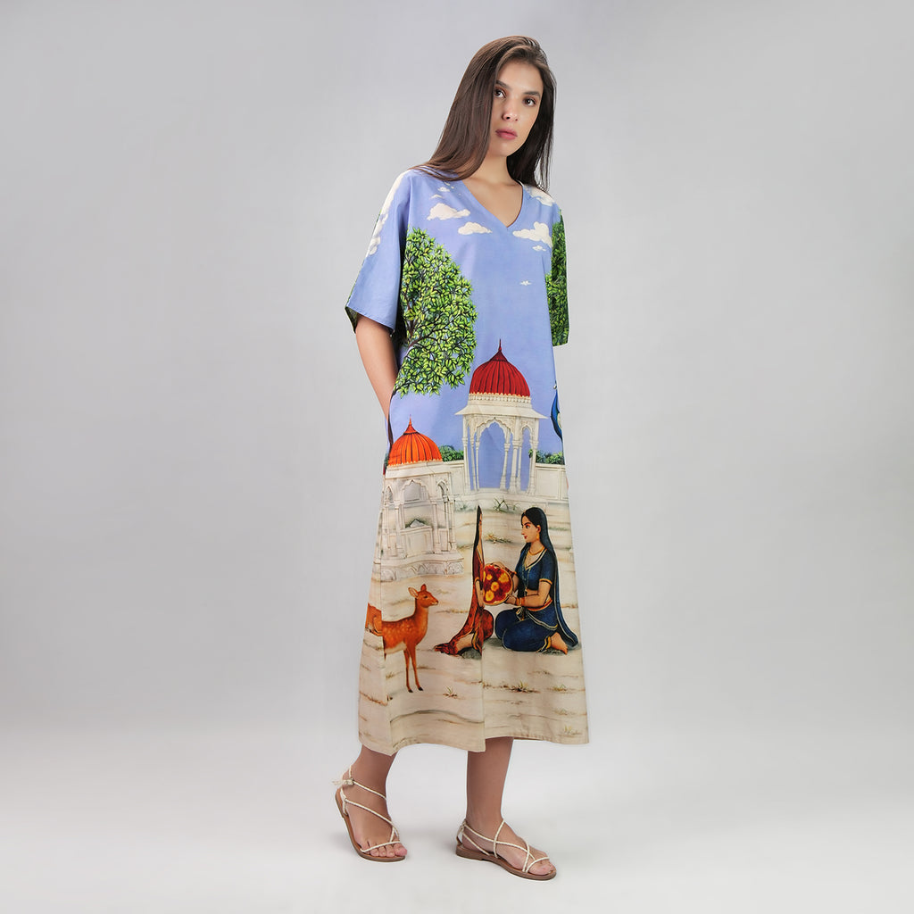 Saanjh Heritage Art Print Long Kaftan Dress