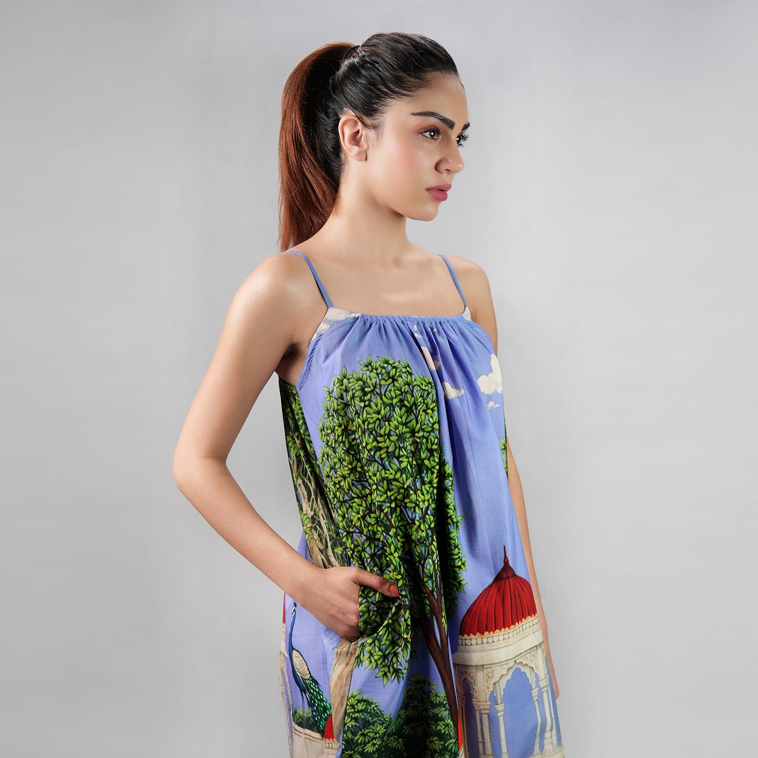 Saanjh Heritage Art Print Spaghetti Strap Maxi Dress - Multicolor