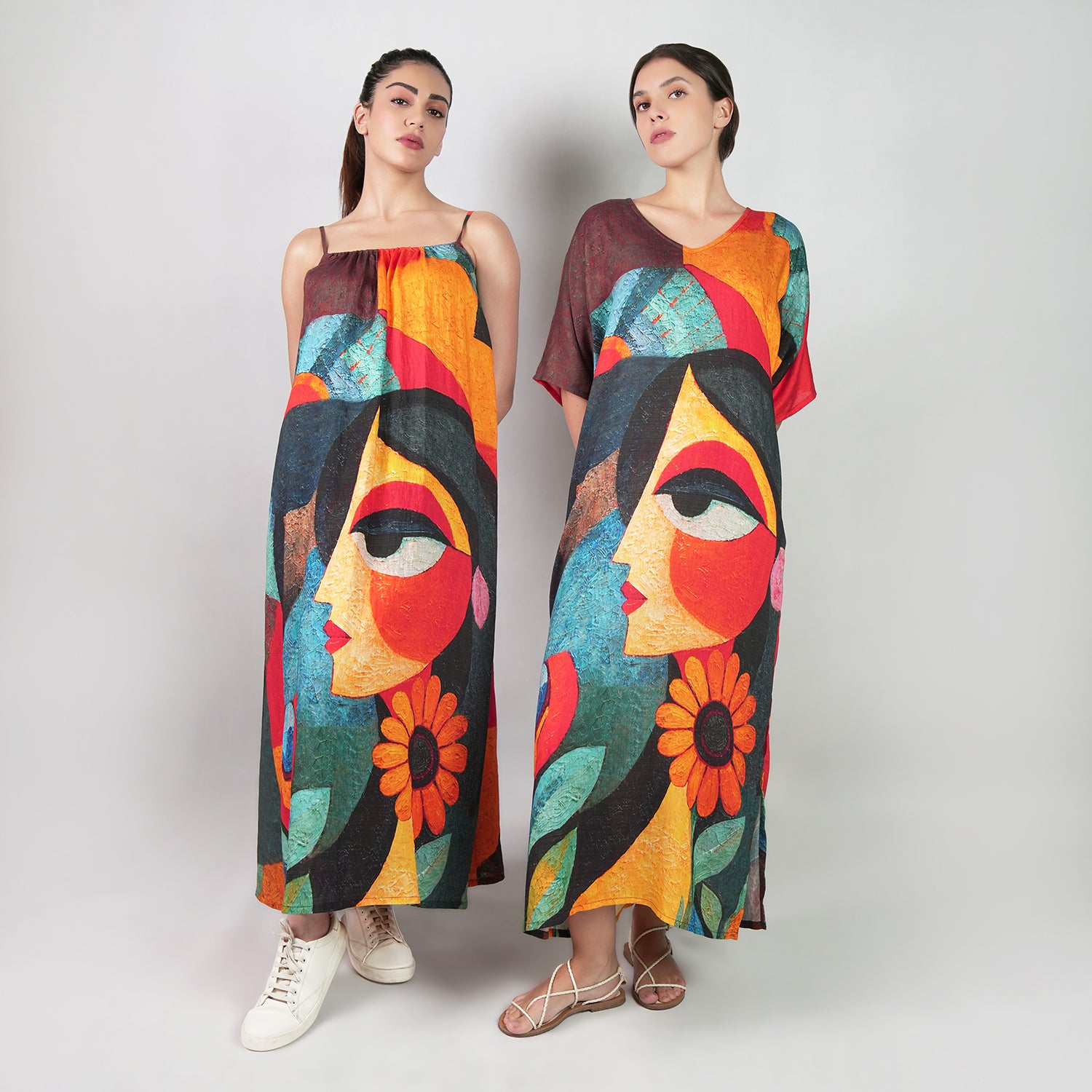 Muse Abstract Art Spaghetti Strap Maxi Dress - Multicolor