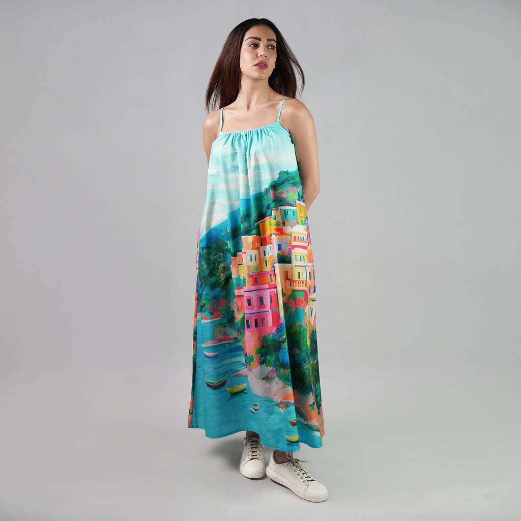 La Dolce Riviera Mediterranean Print Maxi Dress With Pockets - Multicolor