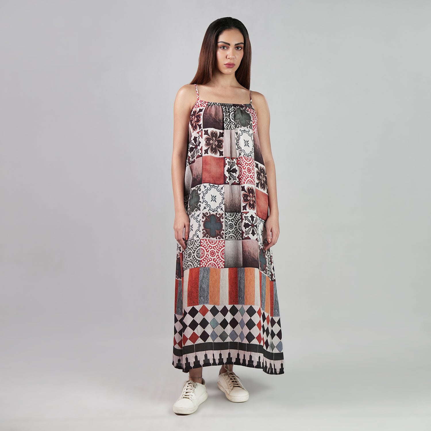 Celestial Tesserae Mosaic Print Spaghetti Strap Maxi Dress