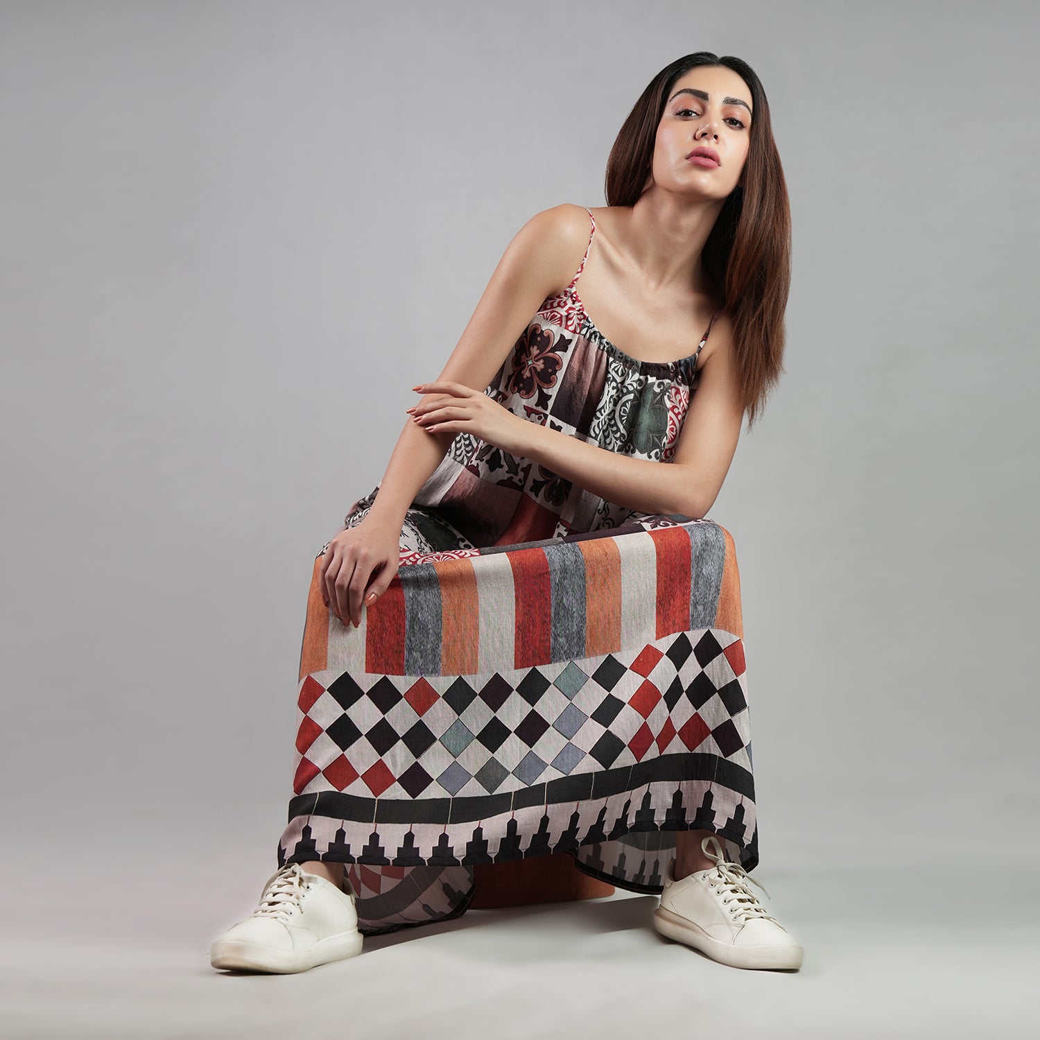 Celestial Tesserae Mosaic Print Spaghetti Strap Maxi Dress