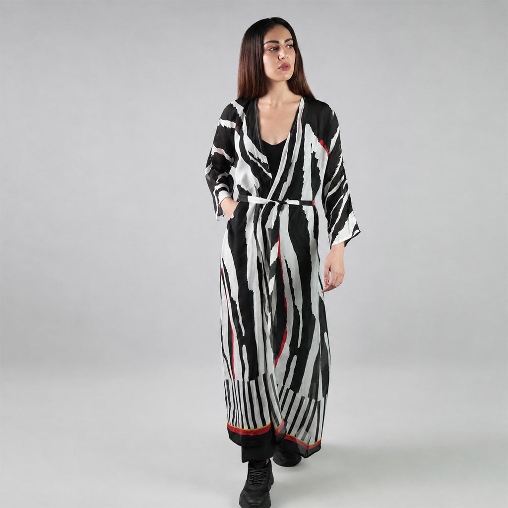 Into The Wild Zebra Print Kimono Dress - Black And White Stripe Beach Cover Up