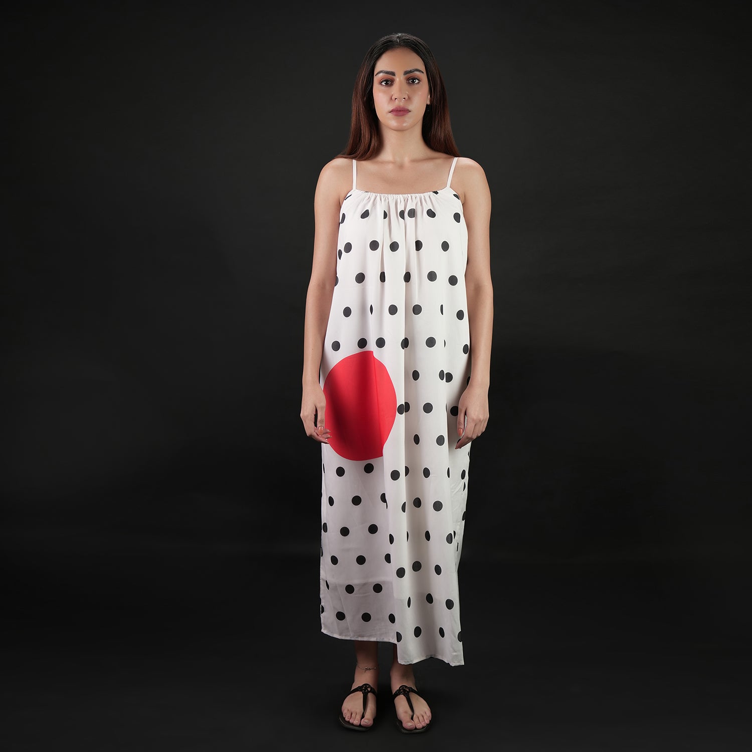 One Polka Dot Spaghetti Strap Maxi Dress - Red,Black & White