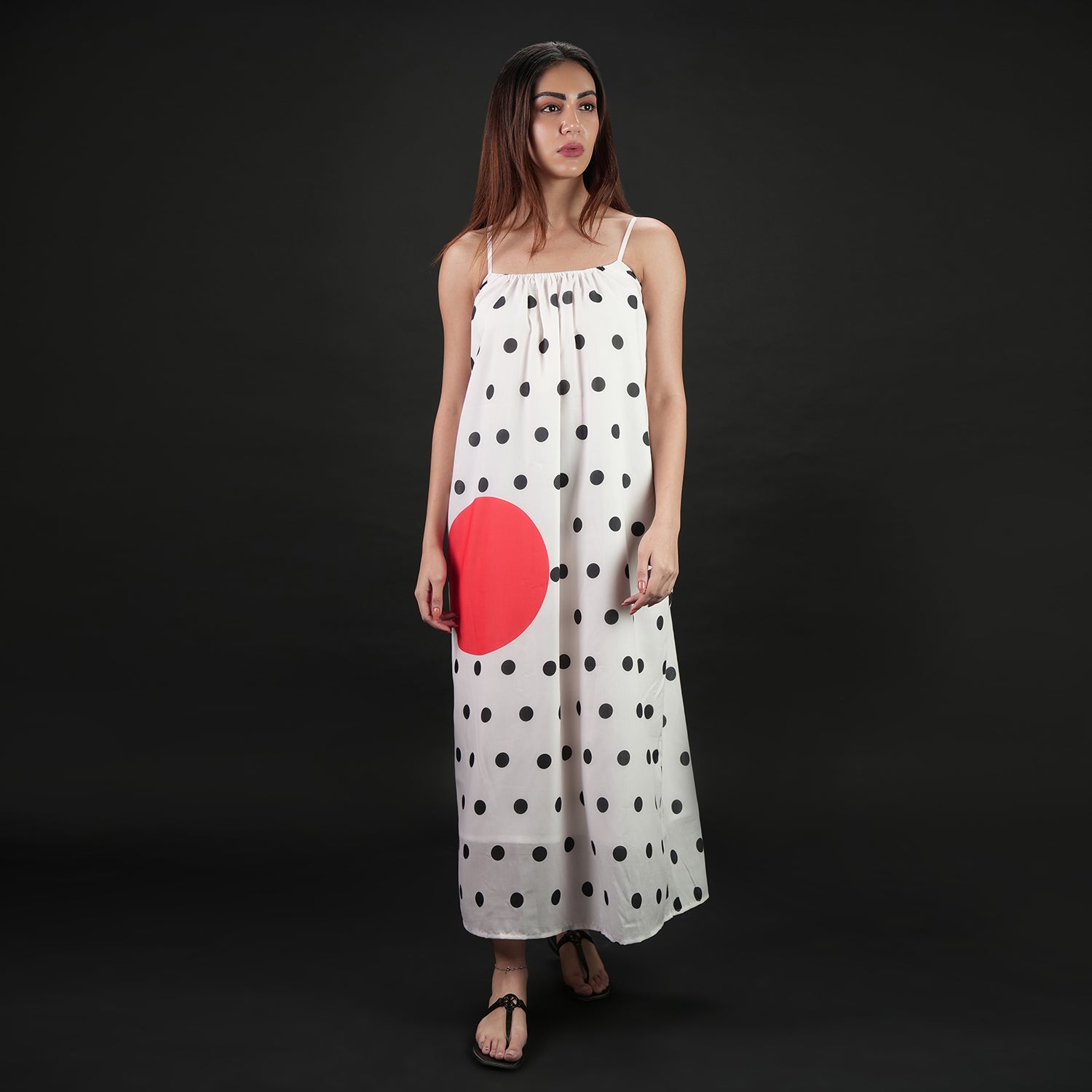 One Polka Dot Spaghetti Strap Maxi Dress - Red,Black & White