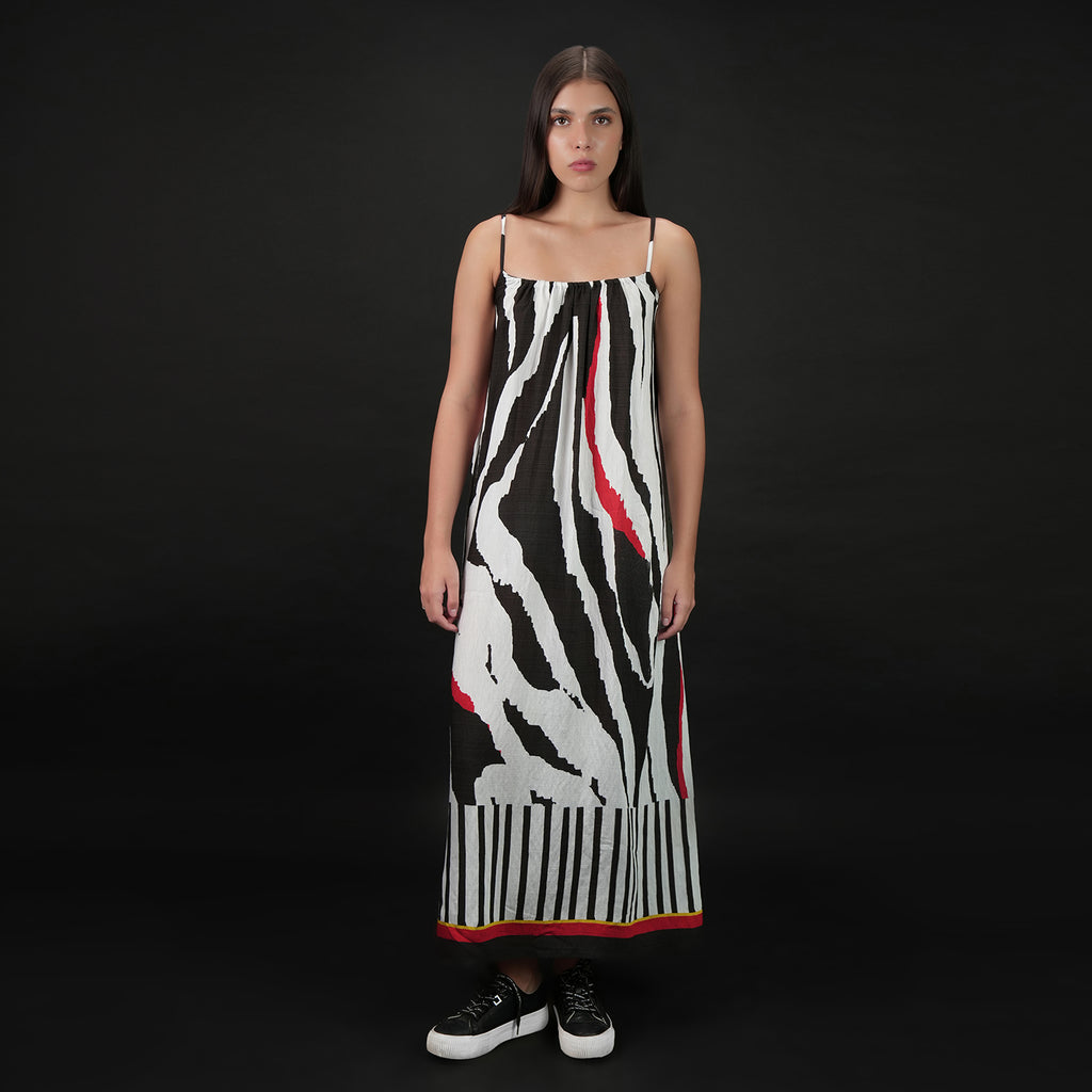 Into The Wild Zebra Print Spaghetti Strap Maxi Dress - Black & White