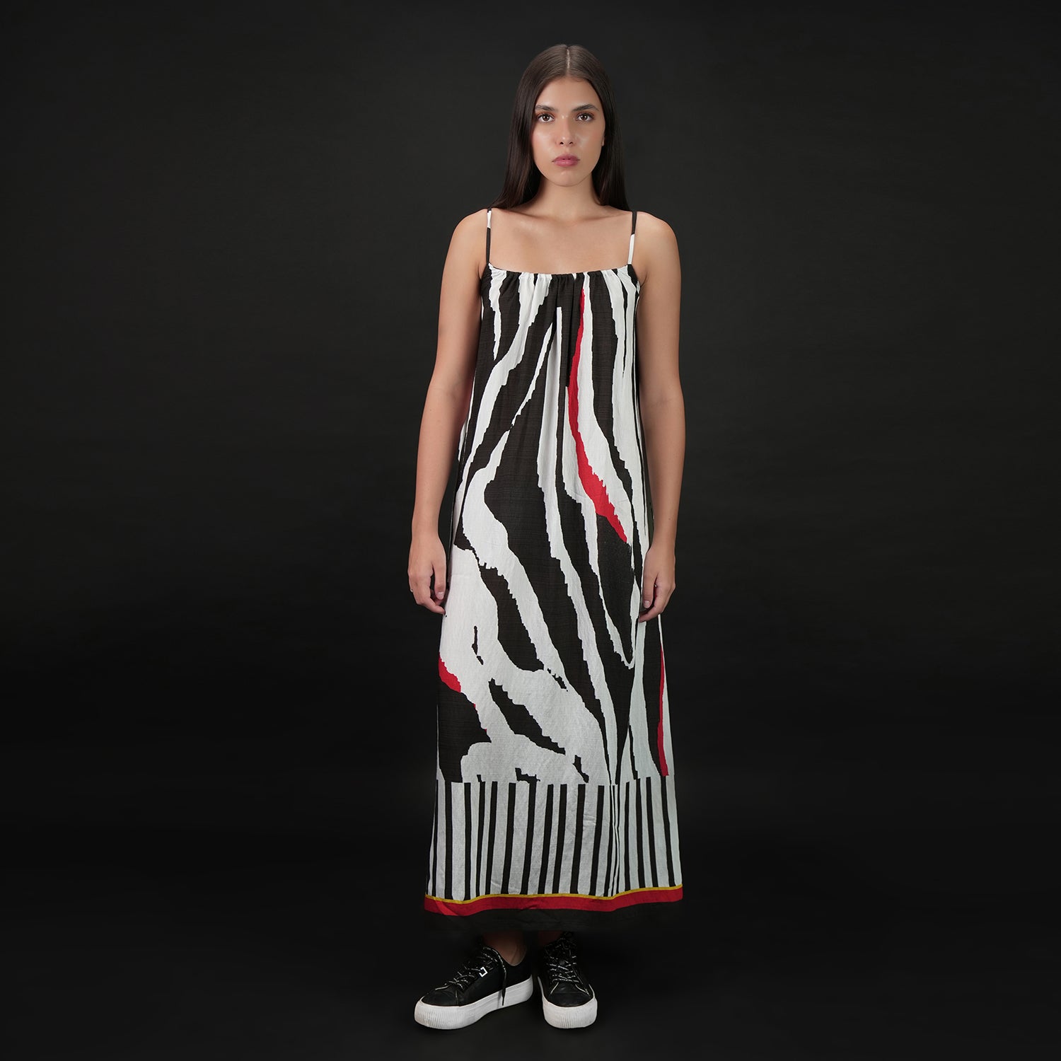Into The Wild Zebra Print Spaghetti Strap Maxi Dress - Black & White