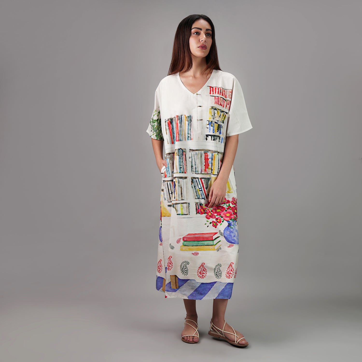 Abode Artistic Bookshelf Long Kaftan Dress - Library Print