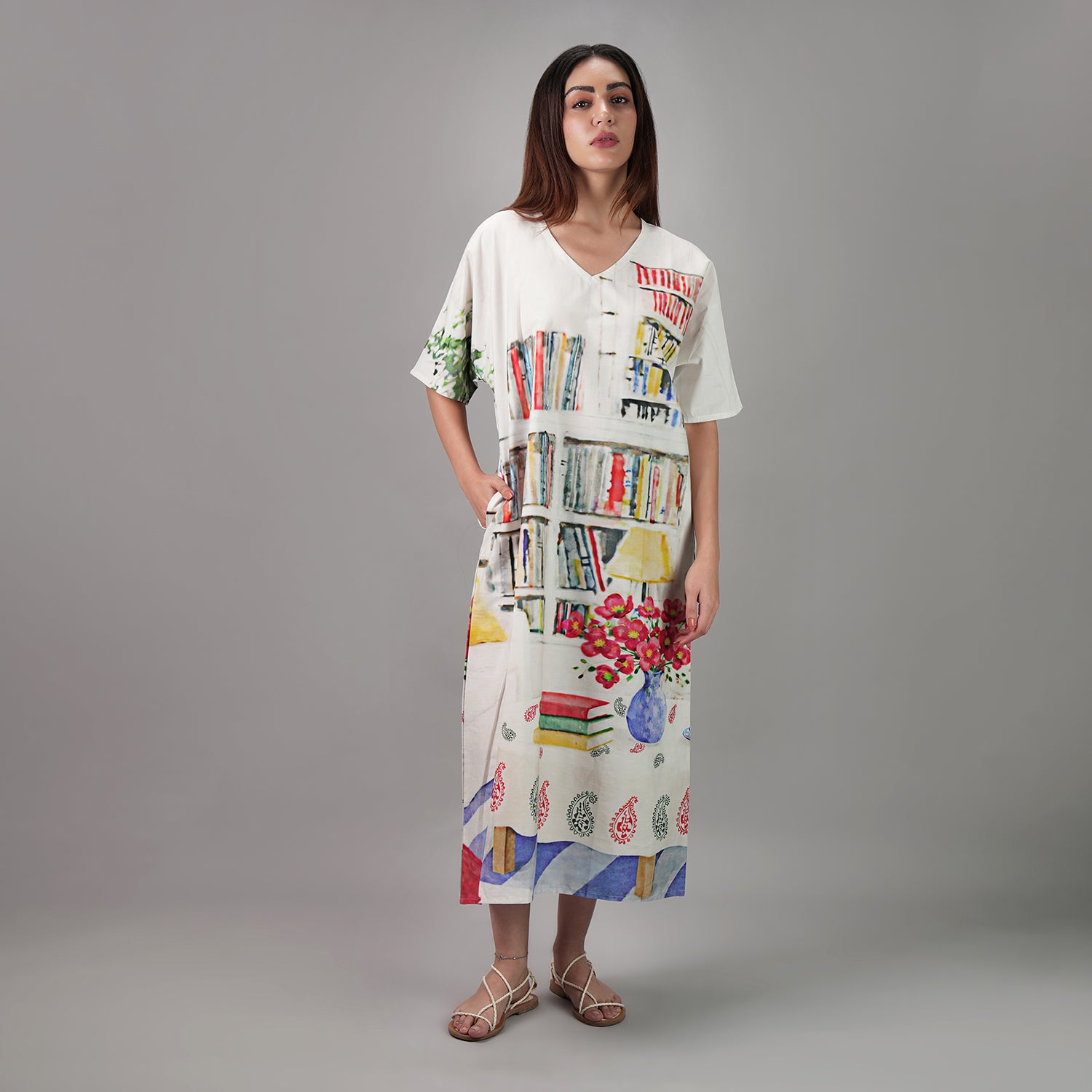 Abode Artistic Bookshelf Long Kaftan Dress - Library Print