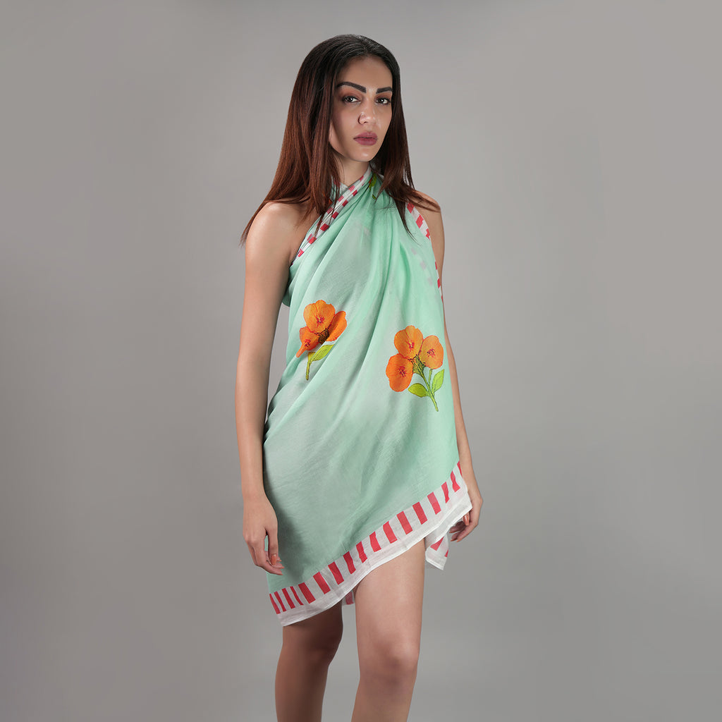 Azure Bloom Floral Resort Cotton Sarong - Powder Blue,Orange ,Red