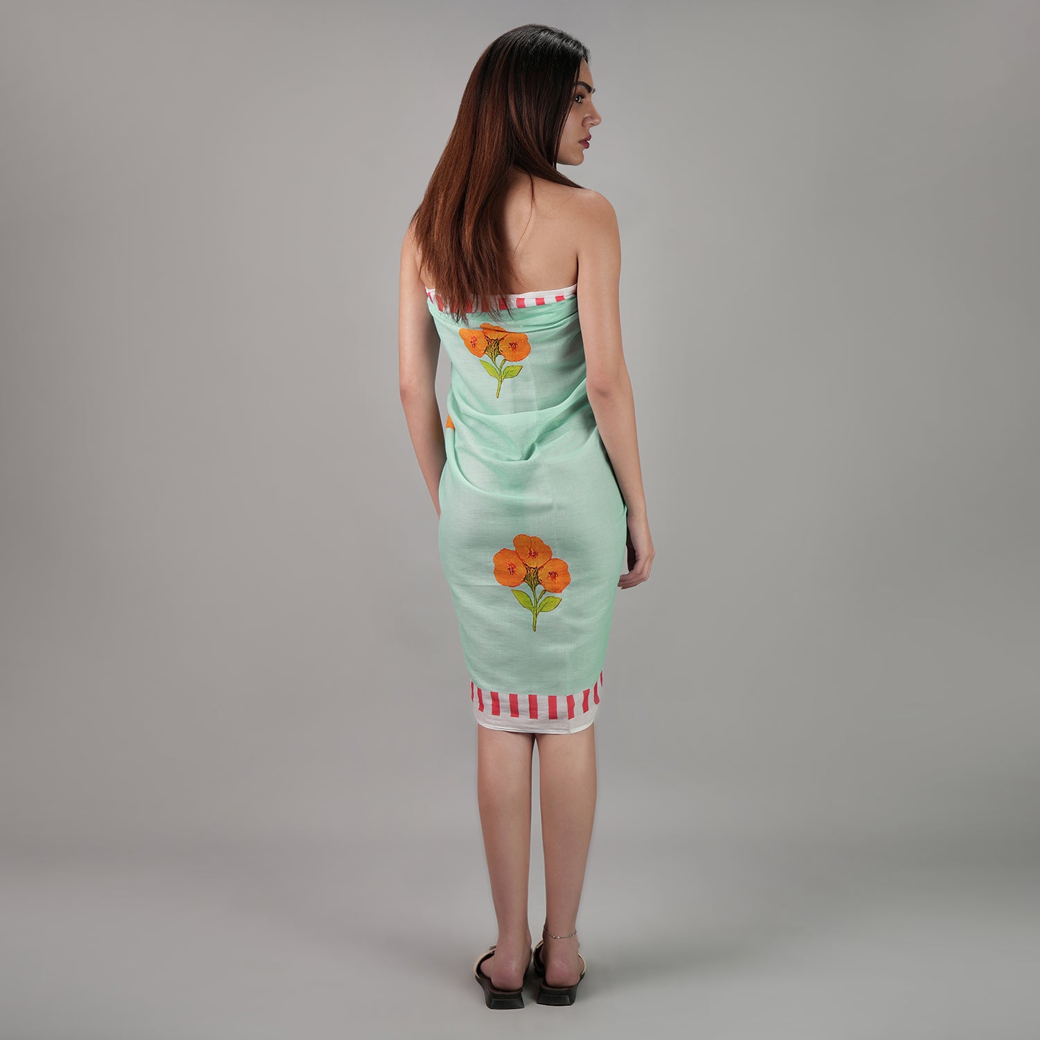 Azure Bloom Floral Resort Cotton Sarong - Powder Blue,Orange ,Red