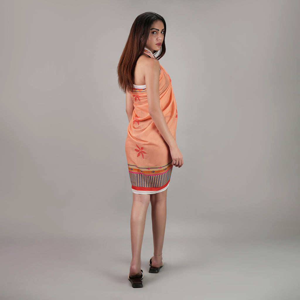 Peach Blossom Floral Resort Cotton Sarong - Peach & Multicolour