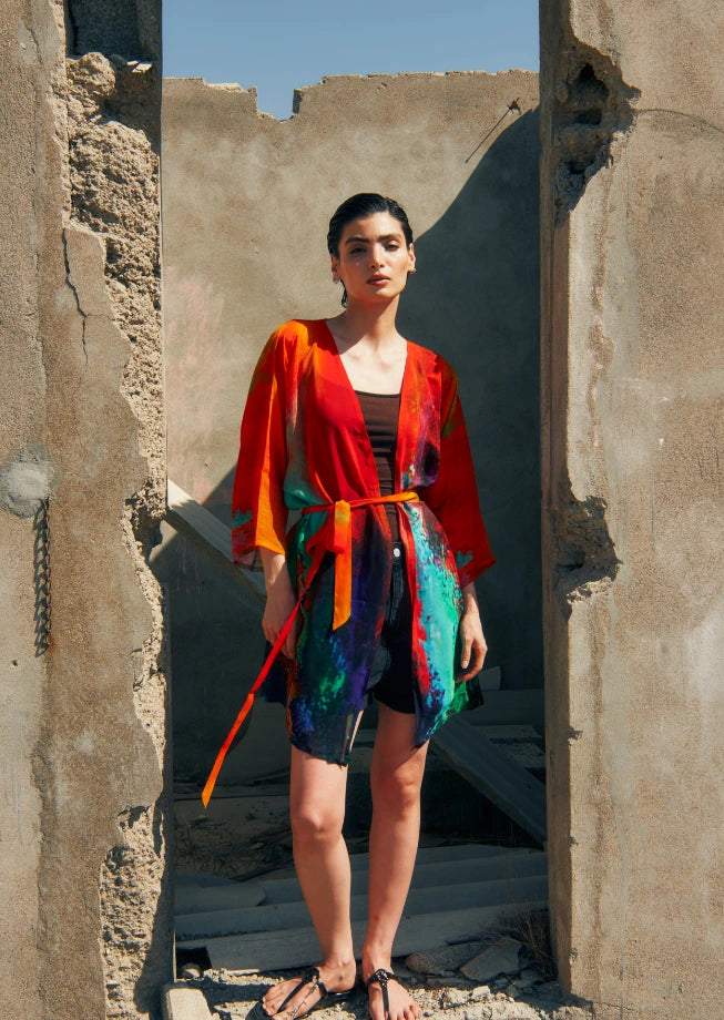 Roar Abstract Print Short kimono