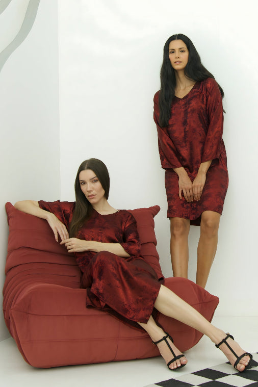 Shadow of Sequin Shimmer Red Long Kaftan with Side Slit