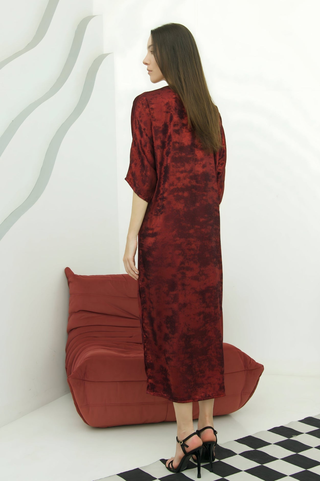 Shadow of Sequin Shimmer Red Long Kaftan with Side Slit