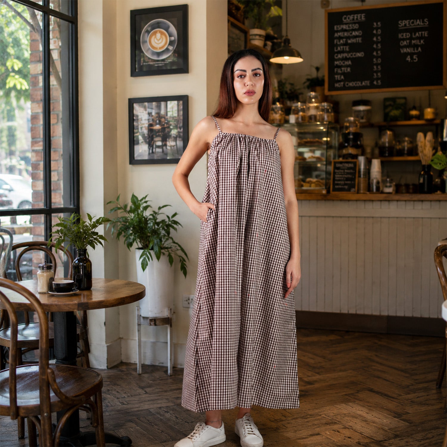 The New Classic Brown Gingham Spaghetti Strap Maxi Dress
