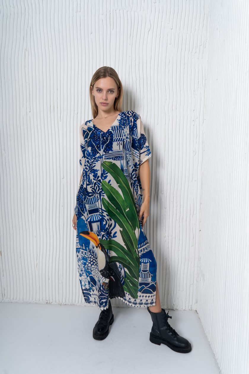 Harmony Bird Print Long Kaftan Dress - Image 5