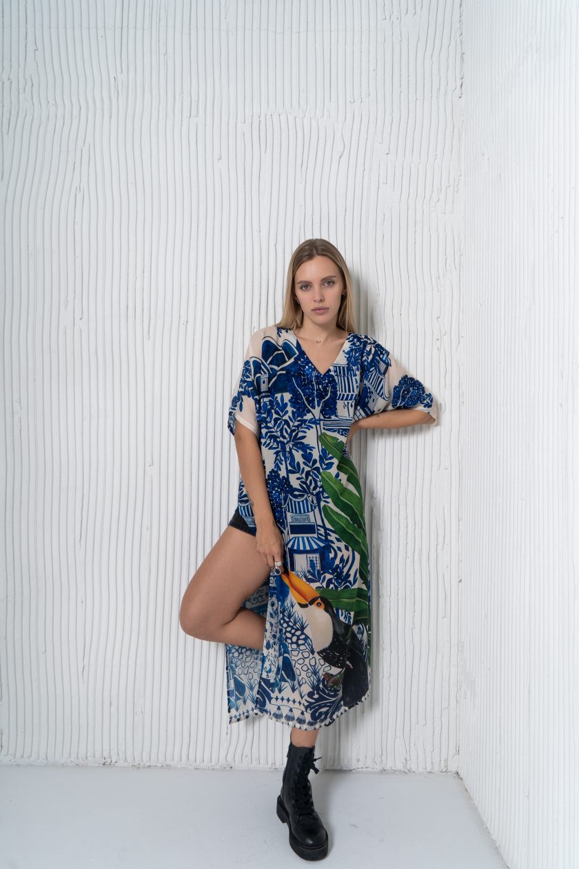 Harmony Bird Print Long Kaftan Dress - Image 6