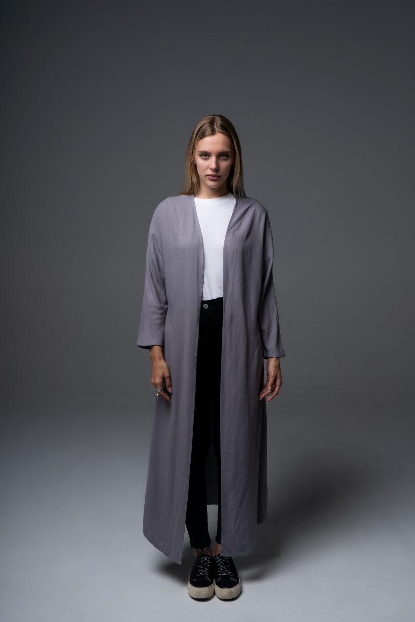 Light Blue Grey Neutral Plain Kimono - Image 2