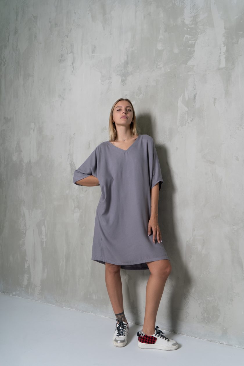 Light Blue Grey Neutral Plain Short Kaftan Dress-1