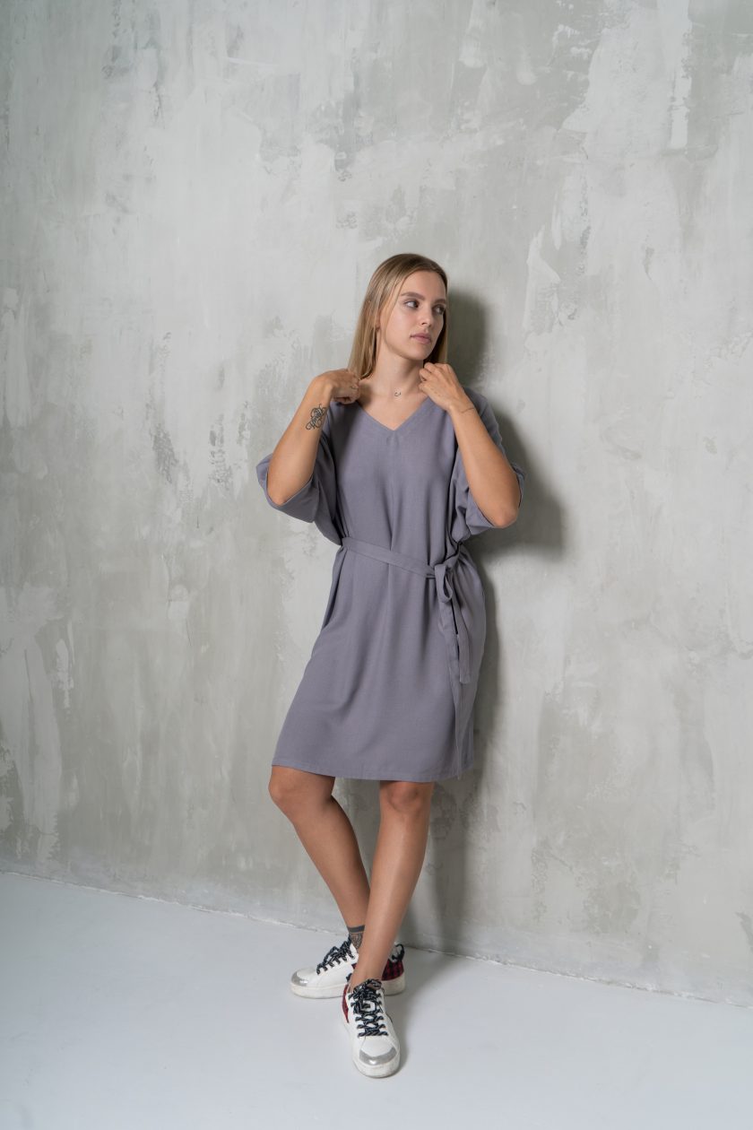 Light Blue Grey Neutral Plain Short Kaftan Dress