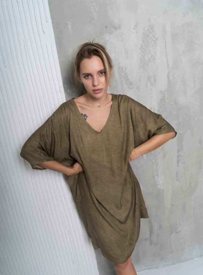 Olive Green Plain Short Kaftan Dress-1