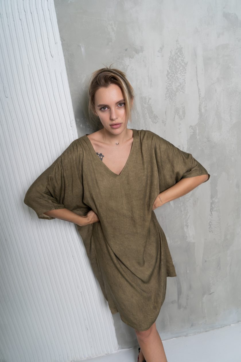 Olive Green Plain Short Kaftan Dress-1