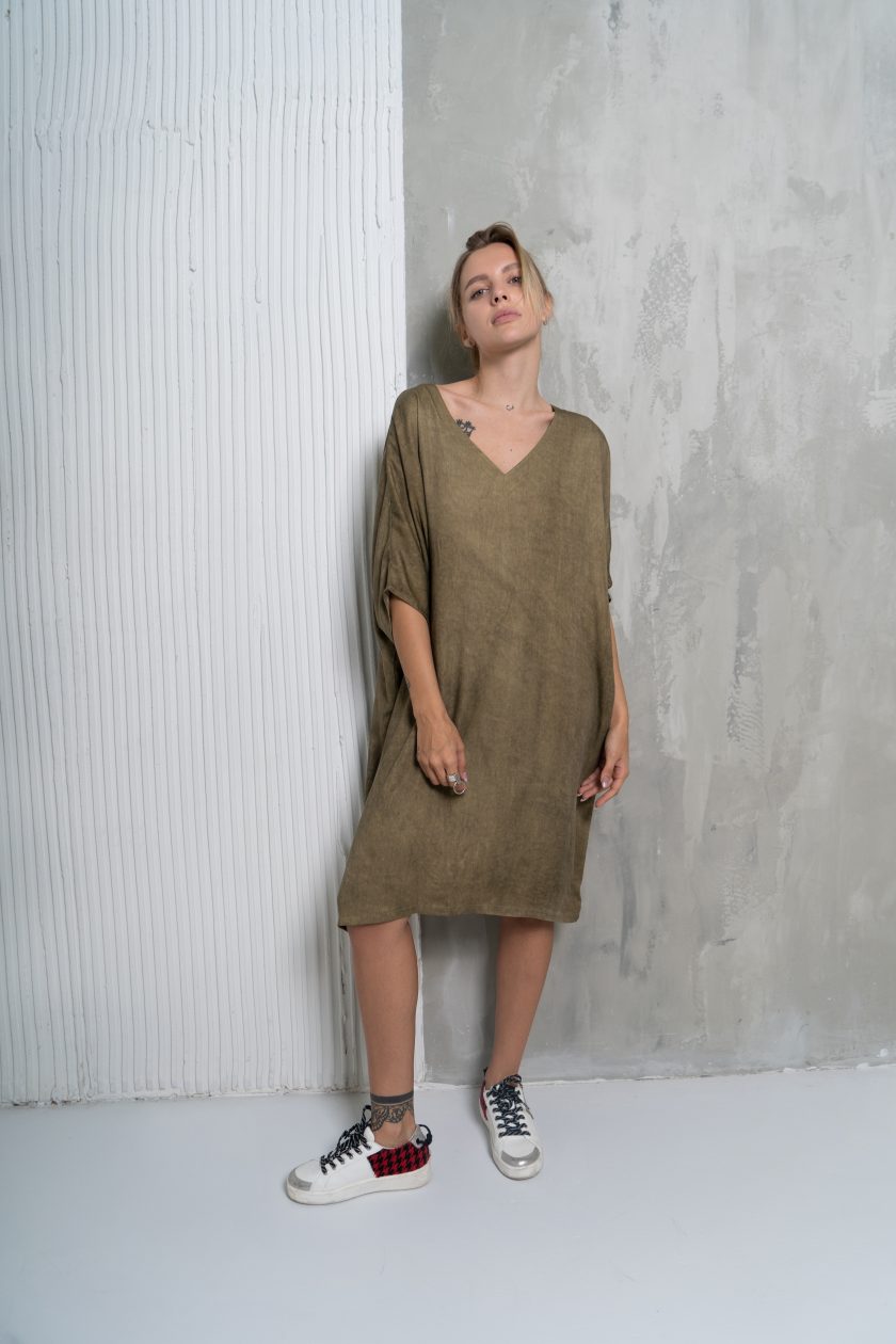 Olive Green Plain Short Kaftan Dress - Image 2