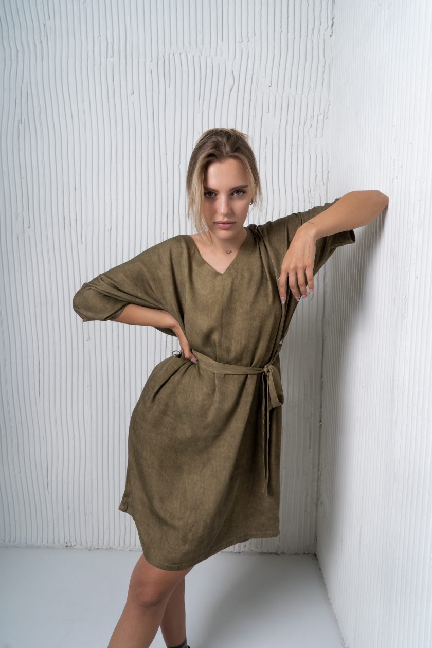 Olive Green Plain Short Kaftan Dress - Image 3