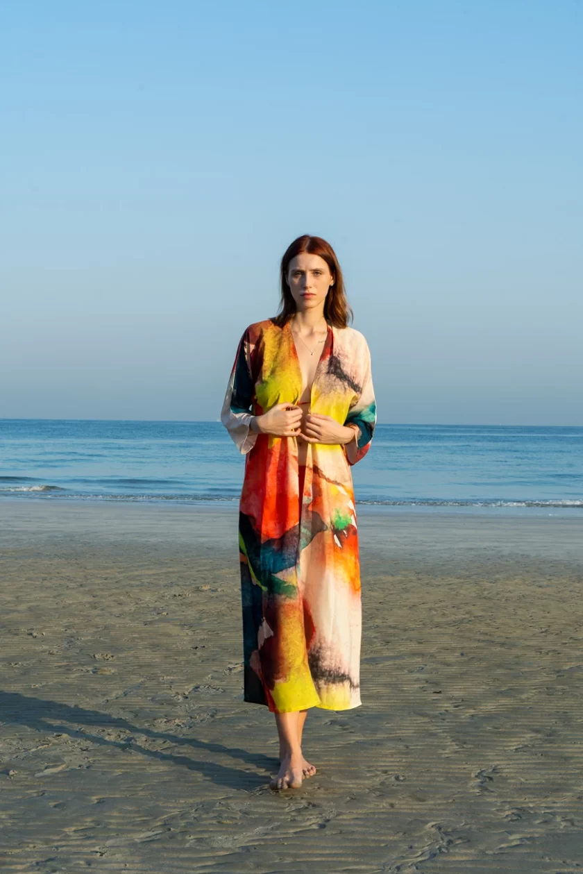 Abstract Print Long Kimono Made With Natural Fabric - Multicolor