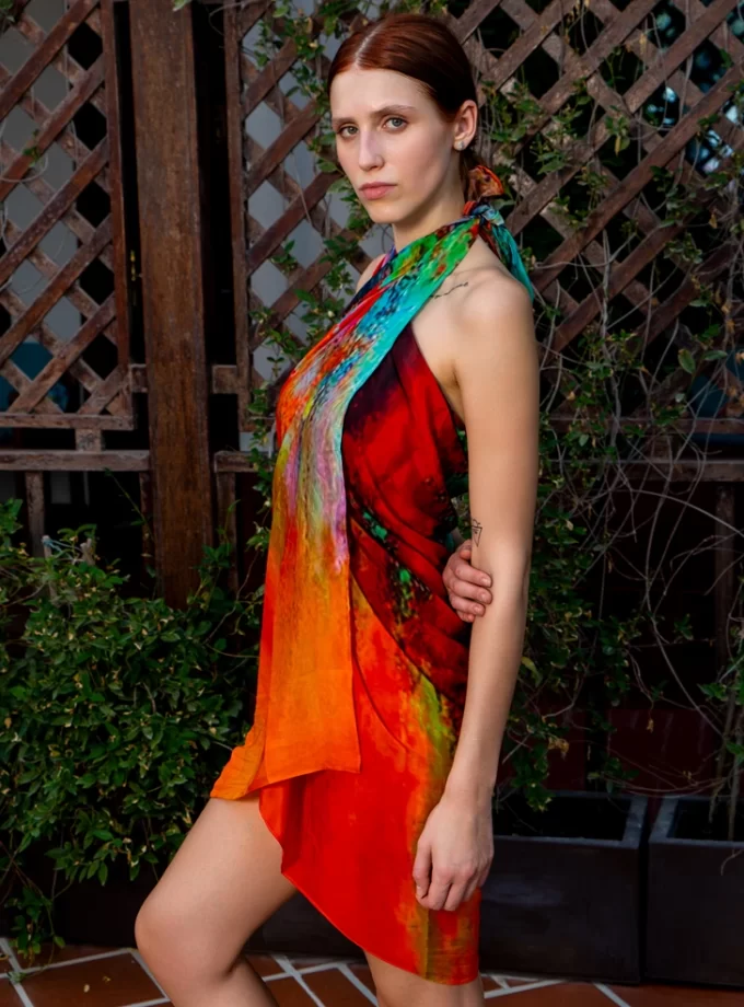 Abstract Print Multicolor Halter-Style Sarong Dress