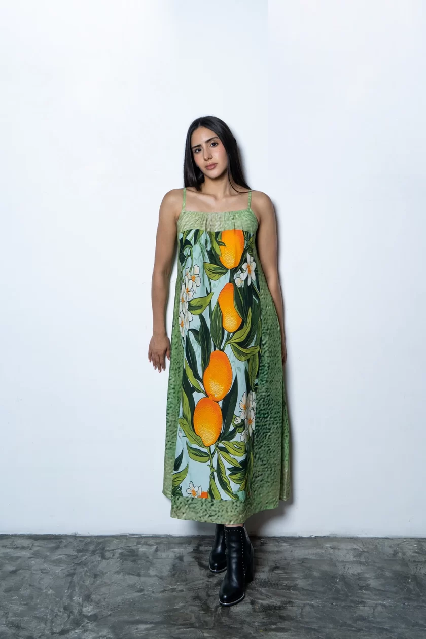 Orange Print Vintage Spaghetti Strap Maxi Dress