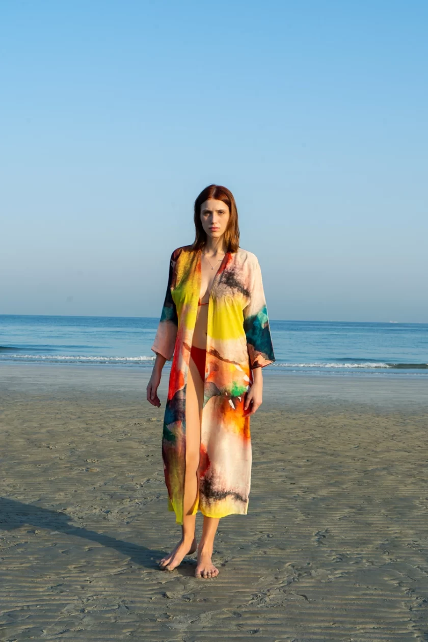 Abstract Print Long Kimono Made With Natural Fabric - Multicolor - Image 2