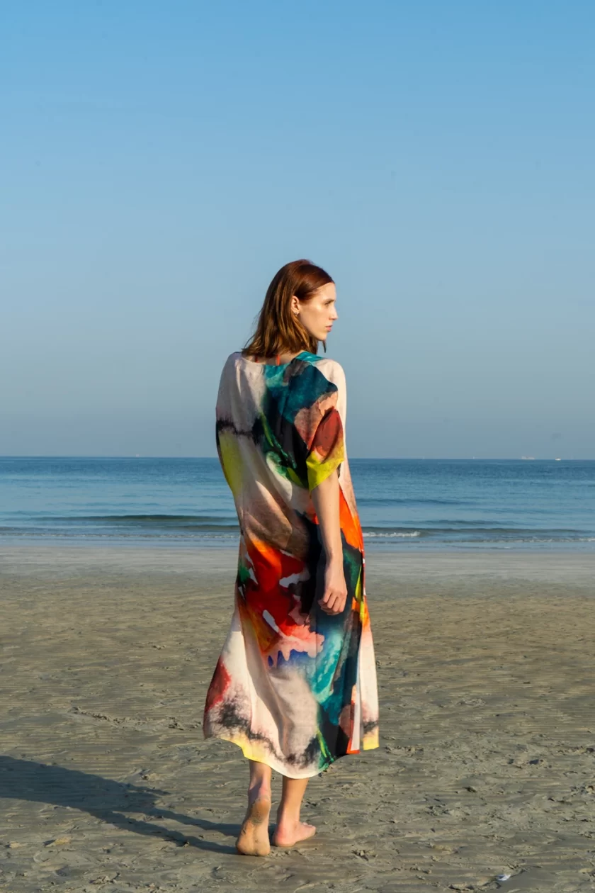 Abstract Print Multicolour Long Kaftan Dress Made With Natural Fabric - Image 4