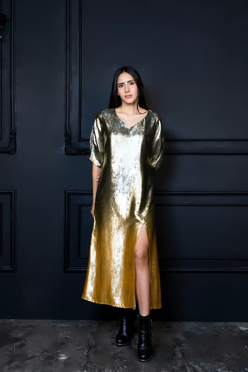 Gold Ombre Shimmer Party Kaftan Dress - Image 2