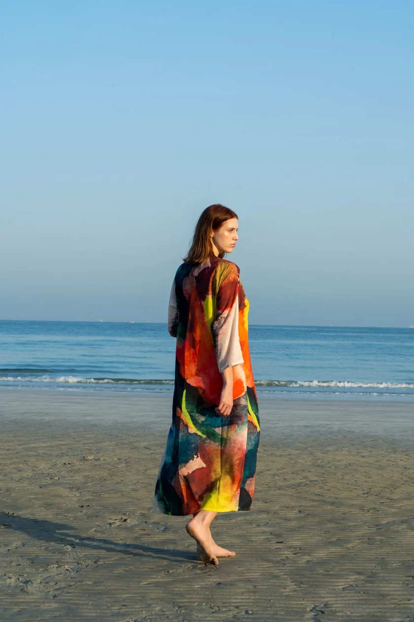 Abstract Print Long Kimono Made With Natural Fabric - Multicolor - Image 7