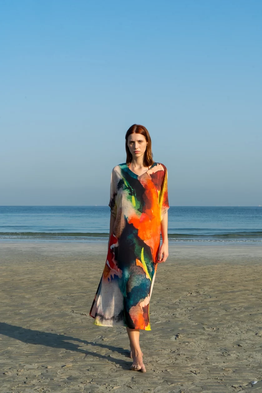 Abstract Print Multicolour Long Kaftan Dress Made With Natural Fabric - Image 3