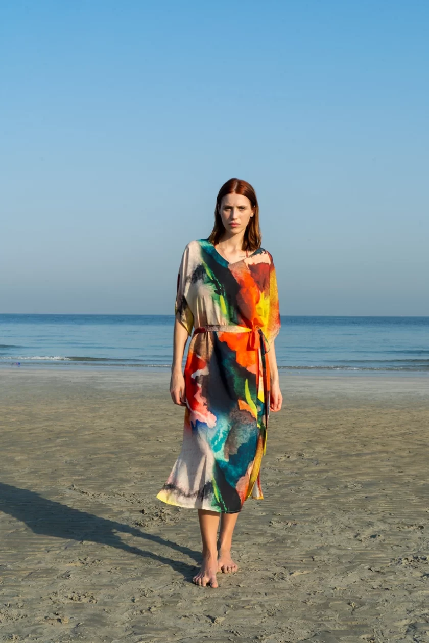 Abstract Print Multicolour Long Kaftan Dress Made With Natural Fabric - Image 2