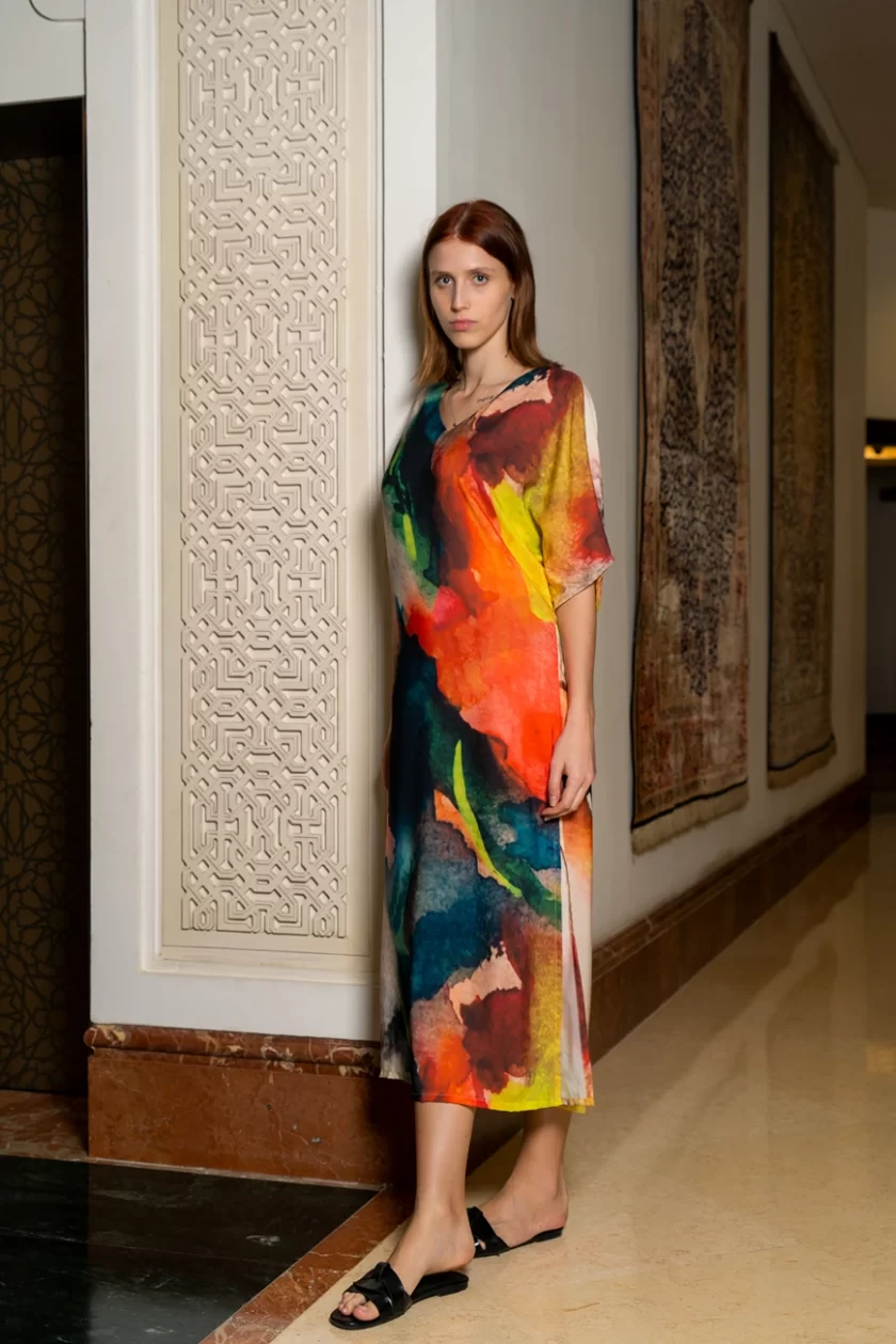 Abstract Print Multicolour Long Kaftan Dress Made With Natural Fabric - Image 6